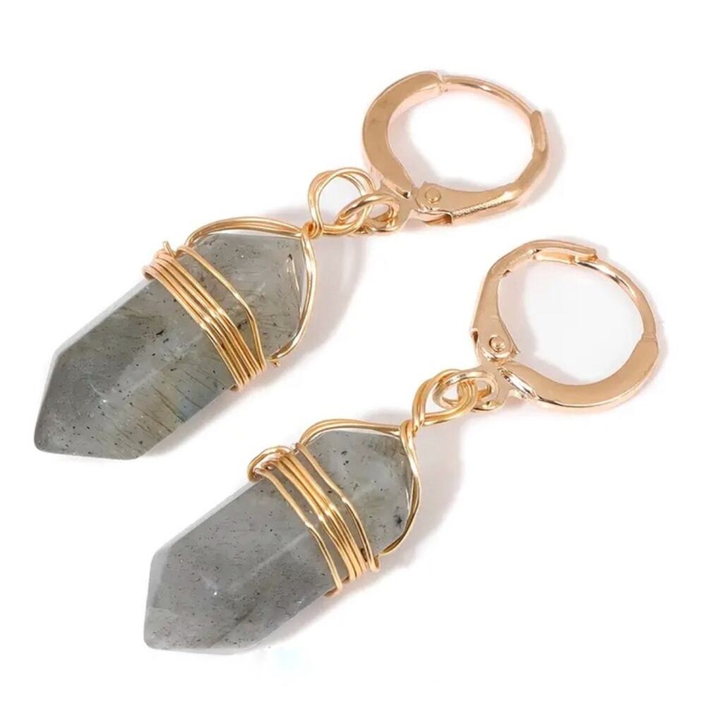 Labradorite Gold Handmade Boho Gemstone Crystal Hoop Earrings Hoops Jewelry - Picture 3 of 11